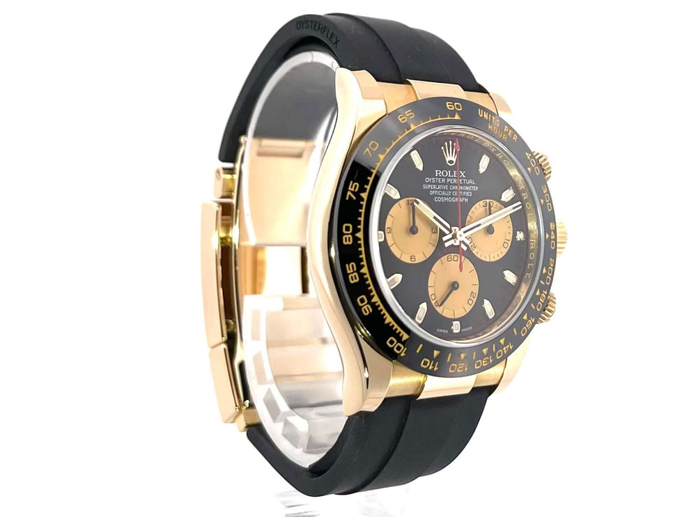 Rolex Daytona 116518LN Gelbgold mit schwarzem Zifferblatt und Oysterflex Band, Champagnerfarbene Totalisatoren, Keramik Lünette, Tachymeterskala