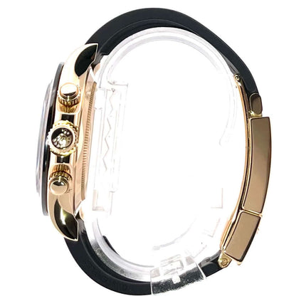 Rolex Daytona 116518LN Gelbgold Gehäuse, seitliche Ansicht mit schwarzem Oysterflex-Armband und 18 kt Gelbgold Faltschließe.