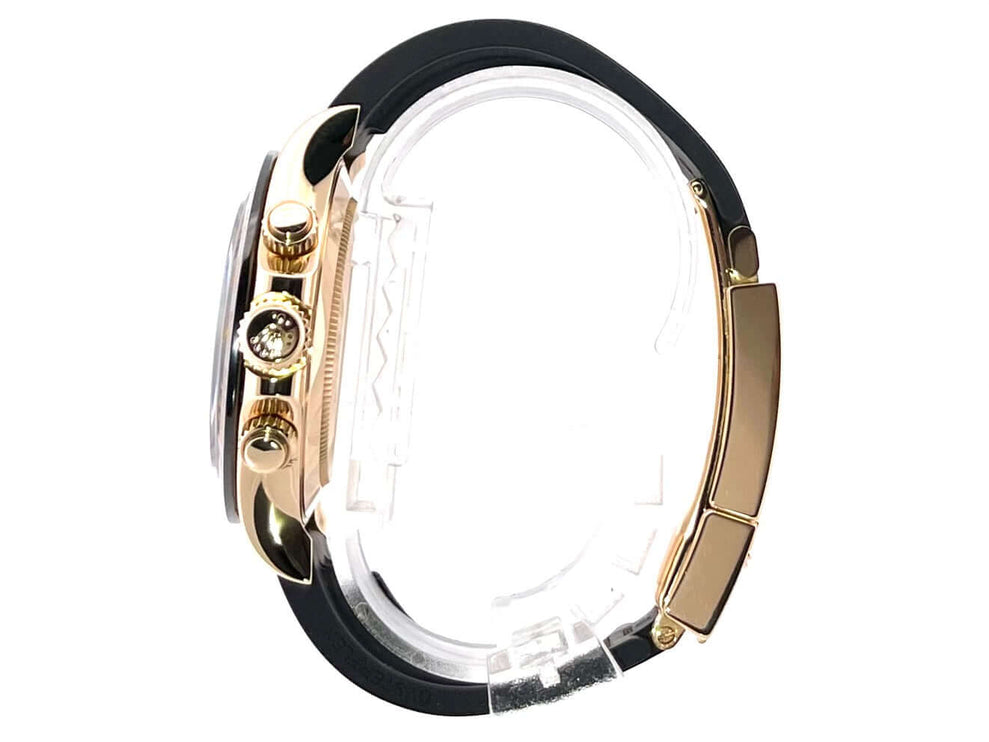 Rolex Daytona 116518LN Gelbgold Gehäuse, seitliche Ansicht mit schwarzem Oysterflex-Armband und 18 kt Gelbgold Faltschließe.