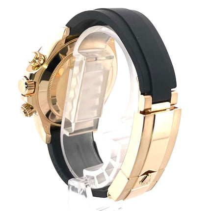 Rückseite Rolex Daytona 116518LN Gelbgold Oysterflex Band und Faltschließe in Schwarz Champagner.