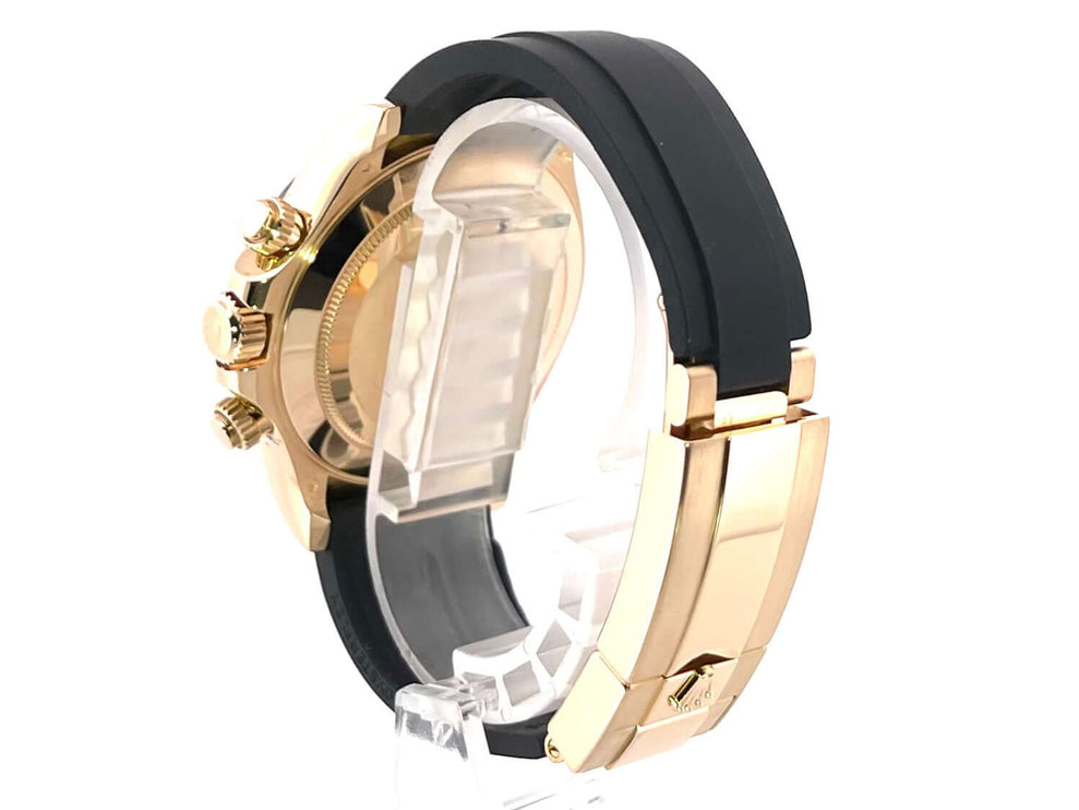 Rückseite Rolex Daytona 116518LN Gelbgold Oysterflex Band und Faltschließe in Schwarz Champagner.