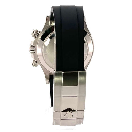 Rückansicht der Rolex Daytona 116519LN Weißgold Oysterflex mit schwarzem Band und Faltschließe