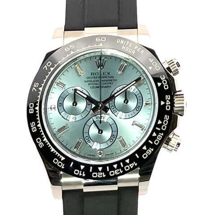 Rolex Daytona 116519LN aus Weißgold mit Eisblau Zifferblatt und Diamant-Baguetts, schwarzes Oysterflex-Band, Keramik Lünette, 2021 Modell
