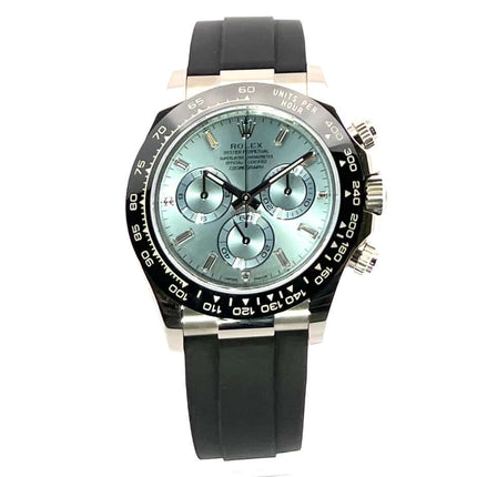 Rolex Daytona 116519LN aus Weißgold mit Oysterflex-Band und eisblauem Zifferblatt, verziert mit Diamant-Baguetts, 2021 Modell