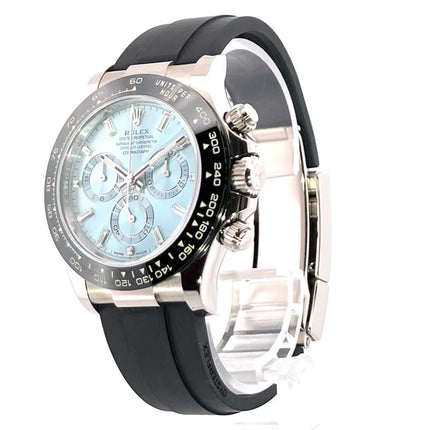 Rolex Daytona 116519LN Weißgold Oysterflex Damen-Eisblau Zifferblatt mit Diamant-Baguetts, 18 kt Weißgoldgehäuse und Keramik Lünette.