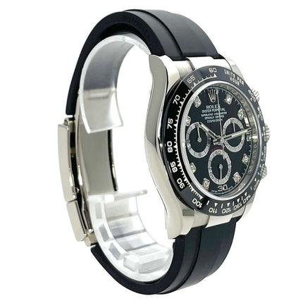 Rolex Daytona 116519LN Weißgold Oysterflex mit schwarzem Zifferblatt und Diamanten, 2021 Modell mit Keramik Lünette und Tachymeterskala.