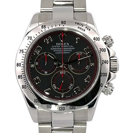 Rolex Daytona Edelstahl Ref. 116520 von 2004 mit schwarzem Zifferblatt, polierter Edelstahl-Lünette, Oyster-Armband und Kronenschutz.