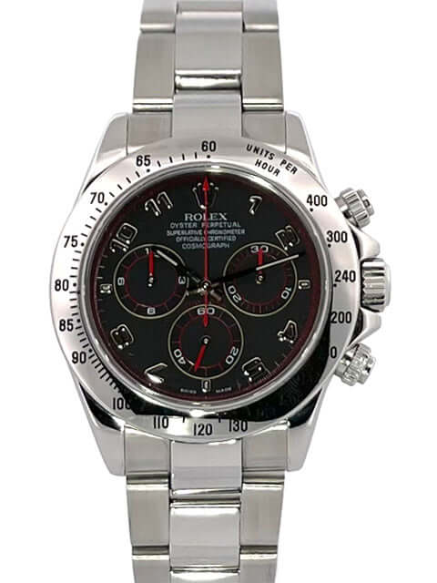 Rolex Daytona Edelstahl Ref. 116520 von 2004 mit schwarzem Zifferblatt, polierter Edelstahl-Lünette, Oyster-Armband und Kronenschutz.