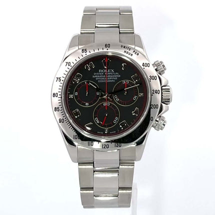 Rolex Daytona Edelstahl Ref. 116520 aus 2004 mit schwarzem Zifferblatt, poliertem und satiniertem Edelstahlgehäuse und Oysterband.
