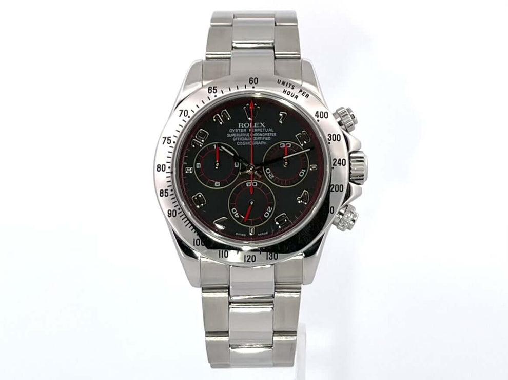 Rolex Daytona Edelstahl Ref. 116520 aus 2004 mit schwarzem Zifferblatt, poliertem und satiniertem Edelstahlgehäuse und Oysterband.