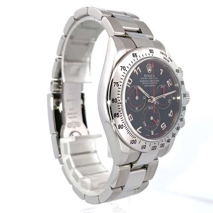 Rolex Daytona Edelstahl 116520 von 2004 mit Tachymeterskala, schwarzem aftermarket Zifferblatt, Oyster Edelstahlband und Sicherheitsfaltschließe.