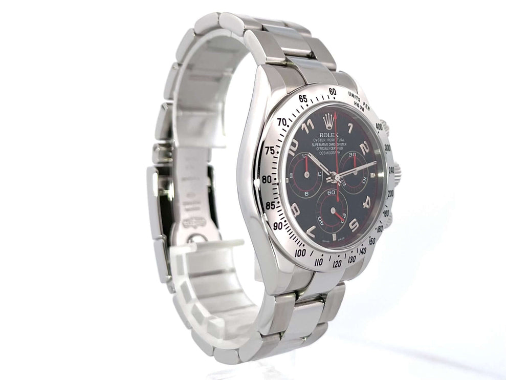 Rolex Daytona Edelstahl 116520 von 2004 mit Tachymeterskala, schwarzem aftermarket Zifferblatt, Oyster Edelstahlband und Sicherheitsfaltschließe.