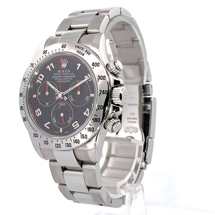 Rolex Daytona Edelstahl 116520 aus 2004 mit poliertem und satiniertem Edelstahlgehäuse, schwarzem Zifferblatt und Oysterband.