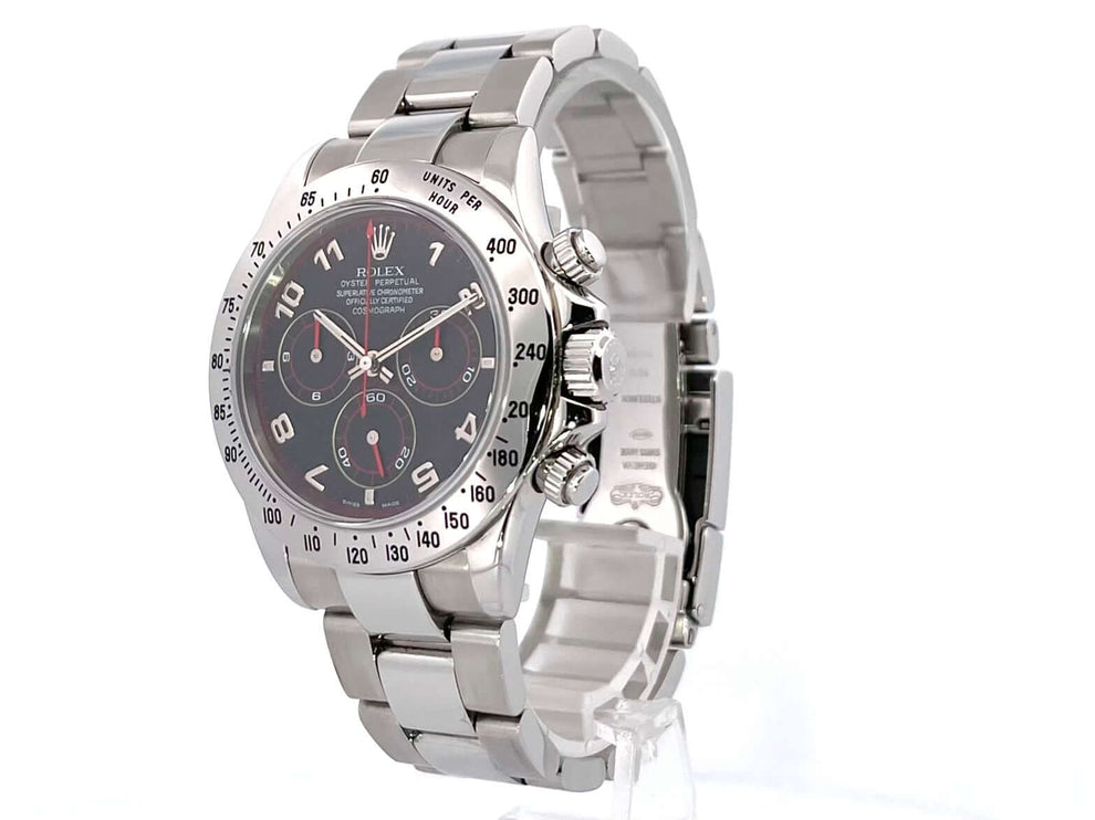 Rolex Daytona Edelstahl 116520 aus 2004 mit poliertem und satiniertem Edelstahlgehäuse, schwarzem Zifferblatt und Oysterband.