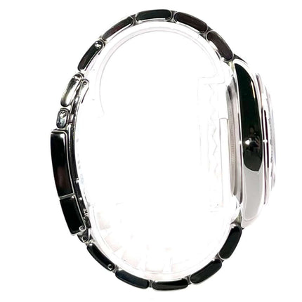 Rolex Daytona Edelstahl 116520 Seitenansicht zeigt poliertes und satiniertes Gehäuse und Armband aus Edelstahl.