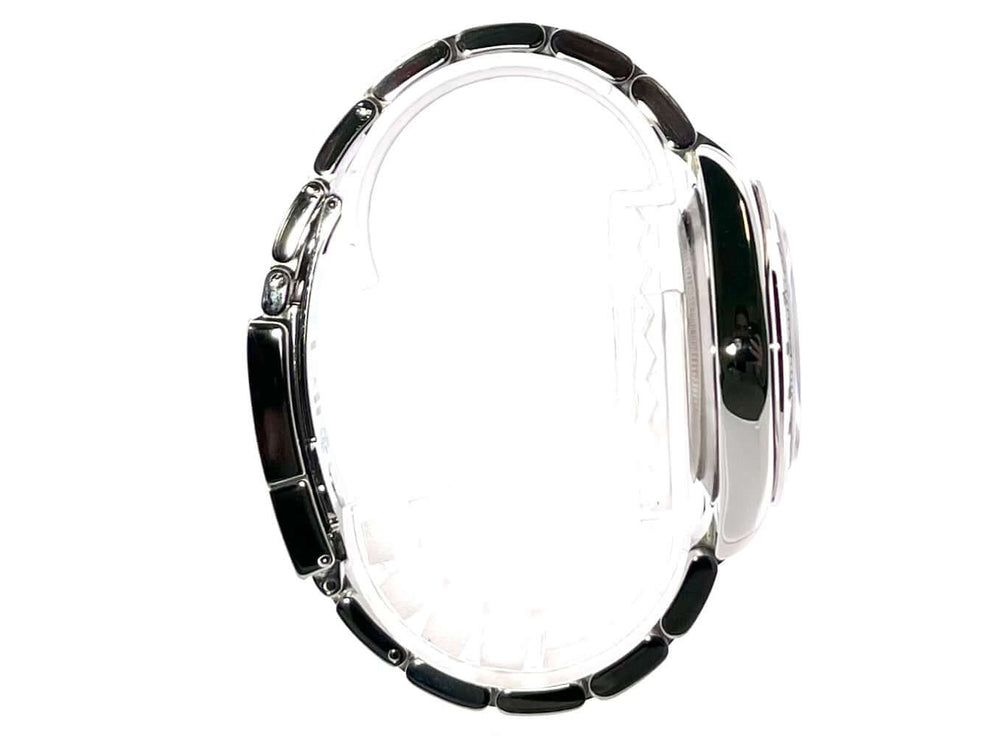 Rolex Daytona Edelstahl 116520 Seitenansicht zeigt poliertes und satiniertes Gehäuse und Armband aus Edelstahl.