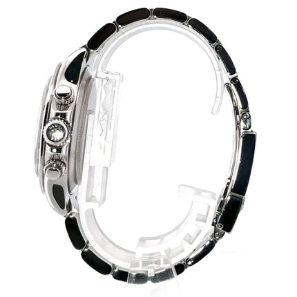 Rolex Daytona Edelstahl 116520 Seitenansicht, poliertes und satiniertes Edelstahlgehäuse mit Tachymeterlünette und Oysterband.