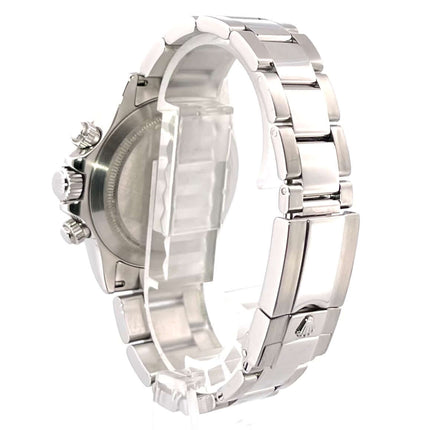 Rückseite der Rolex Daytona Edelstahl Ref. 116520 zeigt das polierte und satinierte Edelstahlgehäuse und das Oyster Edelstahlband mit Sicherheitsfaltschließe.