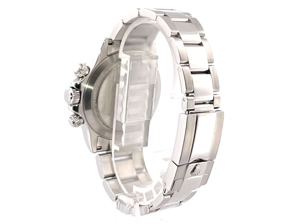 Rückseite der Rolex Daytona Edelstahl Ref. 116520 zeigt das polierte und satinierte Edelstahlgehäuse und das Oyster Edelstahlband mit Sicherheitsfaltschließe.