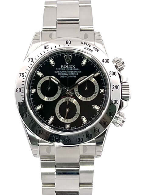 Rolex Daytona Edelstahl Ref. 116520 Schwarz, poliertes und satiniertes Gehäuse, Oyster Armband, schwarzes Zifferblatt, aus 2008.