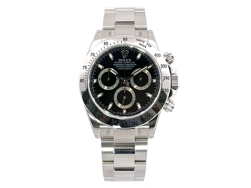 Rolex Daytona Edelstahl 116520 Schwarz mit poliertem Edelstahlgehäuse, Tachymeterskala, und schwarzem Zifferblatt. 72-Stunden Gangreserve.