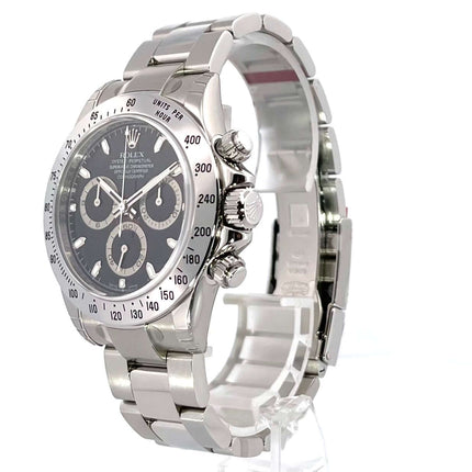Rolex Daytona Edelstahl Ref. 116520 mit schwarzem Zifferblatt, polierten und satinierten Edelstahlgehäuse und Oysterband, Tachymeterskala