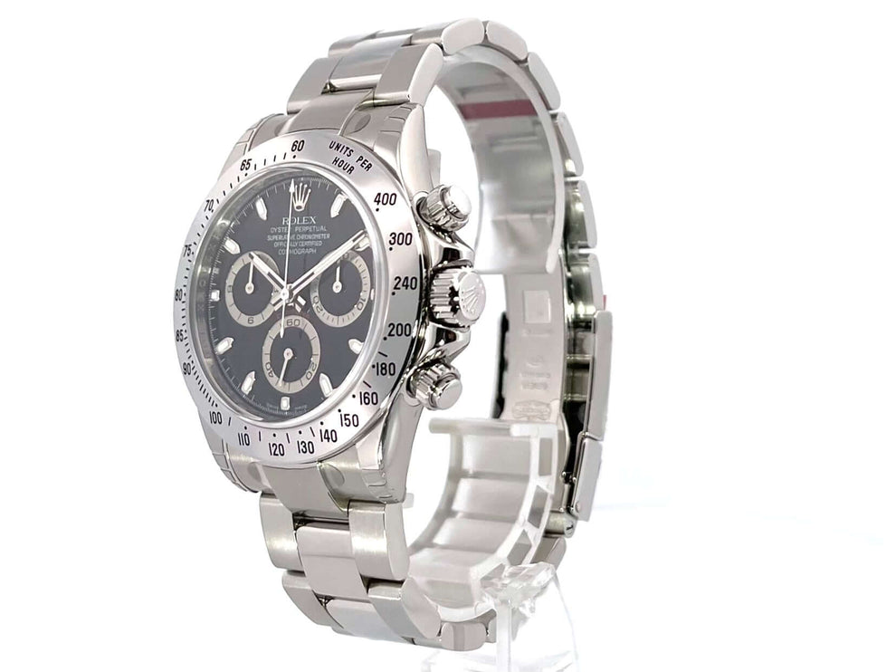 Rolex Daytona Edelstahl Ref. 116520 mit schwarzem Zifferblatt, polierten und satinierten Edelstahlgehäuse und Oysterband, Tachymeterskala