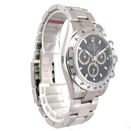 Rolex Daytona Edelstahl 116520 Schwarz mit poliertem Zifferblatt, Tachymeterskala, und Oyster Edelstahlband, Ref. 116520, Baujahr 2008.