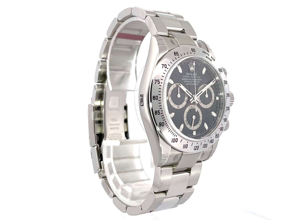 Rolex Daytona Edelstahl 116520 Schwarz mit poliertem Zifferblatt, Tachymeterskala, und Oyster Edelstahlband, Ref. 116520, Baujahr 2008.