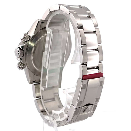 Rückseite der Rolex Daytona Edelstahl Ref. 116520 mit poliertem Oyster Edelstahlband und Sicherheitsfaltschließe.