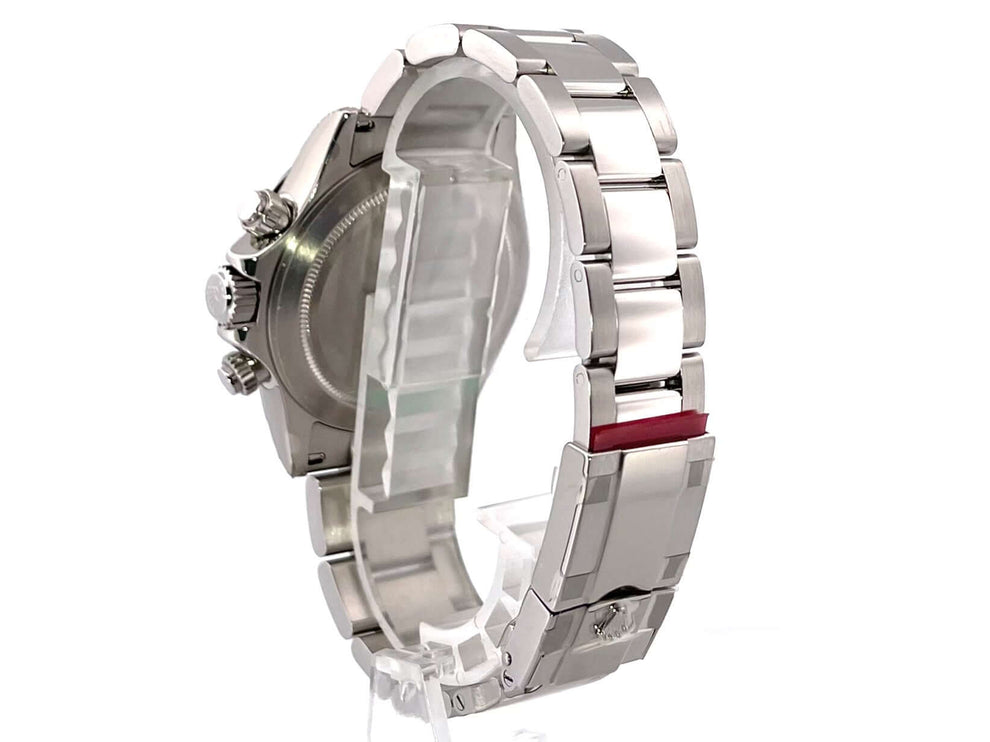 Rückseite der Rolex Daytona Edelstahl Ref. 116520 mit poliertem Oyster Edelstahlband und Sicherheitsfaltschließe.