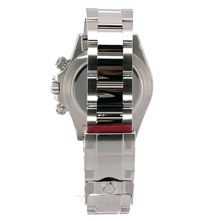 Rückansicht der Rolex Daytona Edelstahl 116520 Schwarz mit poliertem und satiniertem Oyster Edelstahlband und Sicherheitsfaltschließe.