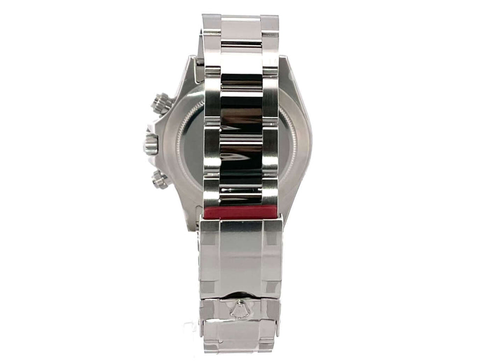 Rückansicht der Rolex Daytona Edelstahl 116520 Schwarz mit poliertem und satiniertem Oyster Edelstahlband und Sicherheitsfaltschließe.