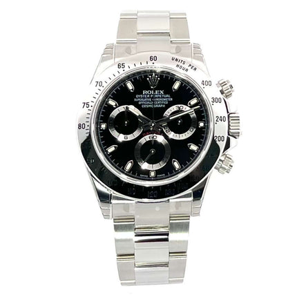 Rolex Daytona Edelstahl 116520 Schwarz Chronometer mit schwarzem Zifferblatt und Oyster Edelstahlband, poliert und satiniert.