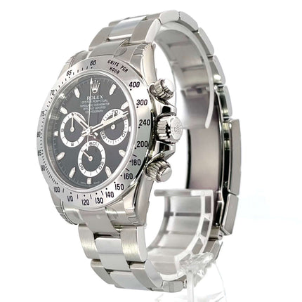 Rolex Daytona Edelstahl Ref. 116520 mit schwarzem Zifferblatt, Edelstahl Lünette und Oyster Armband, Chronometer aus 2012.