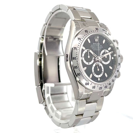 Rolex Daytona Edelstahl Ref. 116520 Schwarz, poliertes Edelstahlgehäuse, Tachymeterskala, Oyster-Armband, schwarzes Zifferblatt, Chronometer.