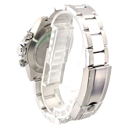 Rückseite des Rolex Daytona Edelstahl Ref. 116520, poliertes und satiniertes Edelstahlgehäuse und -band mit Sicherheitsfaltschließe