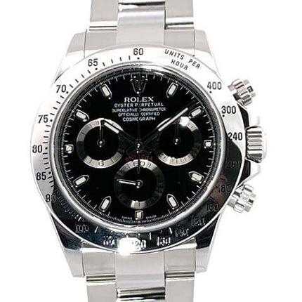 Rolex Daytona Edelstahl Ref. 116520, polierte/satinierte Edelstahl Lünette und band, schwarzes Zifferblatt, Tachymeterskala, aus 2013.