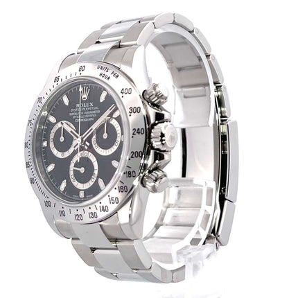 Rolex Daytona Edelstahl 116520 Schwarz mit schwarzem Zifferblatt, polierter Edelstahl Lünette und Oyster Edelstahlband, Ref. 116520 aus 2013.