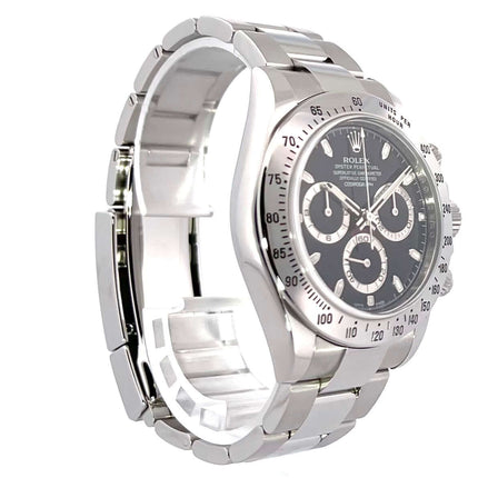 Rolex Daytona Edelstahl 116520 Schwarz, poliertes und satiniertes Edelstahlgehäuse, schwarze Lünette mit Tachymeterskala, schwarzes Zifferblatt