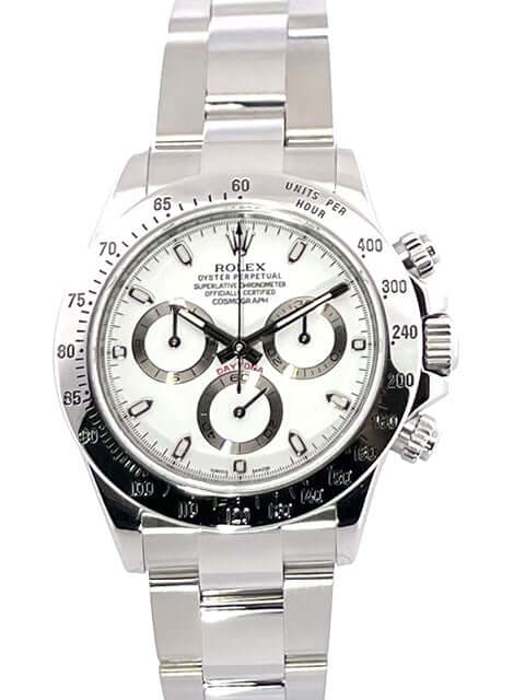 Rolex Daytona Edelstahl 116520 Weiß aus 2014, poliertes und satiniertes Edelstahlgehäuse, Oyster-Armband, weißes Zifferblatt mit Leuchtindizes.