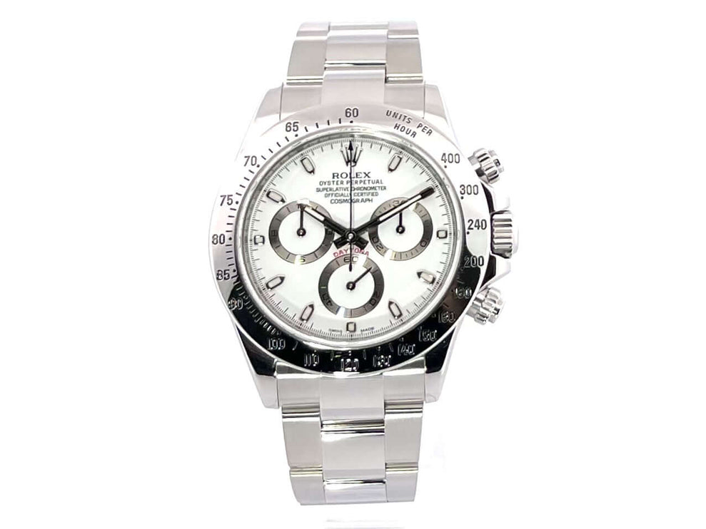 Rolex Daytona Edelstahl 116520 Weiß mit poliertem und satiniertem Edelstahlgehäuse, weißem Zifferblatt und Oyster Edelstahlarmband