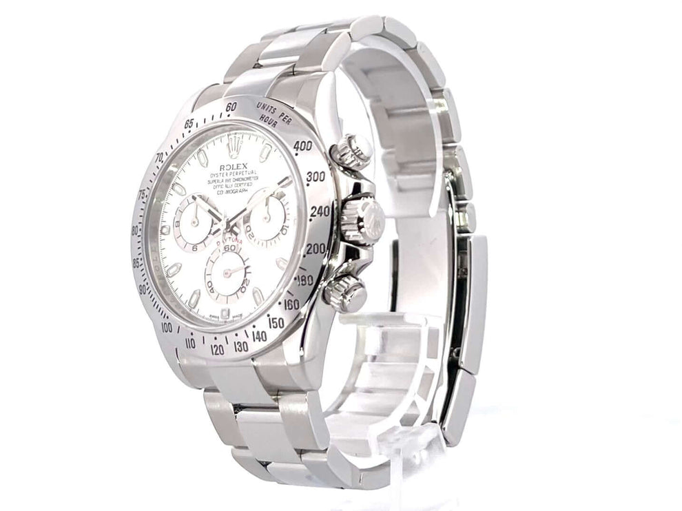 Rolex Daytona Edelstahl 116520 Weiß, poliertes und satiniertes Gehäuse, Edelstahl Lünette mit Tachymeterskala, weißes Zifferblatt, 2014 Modell.