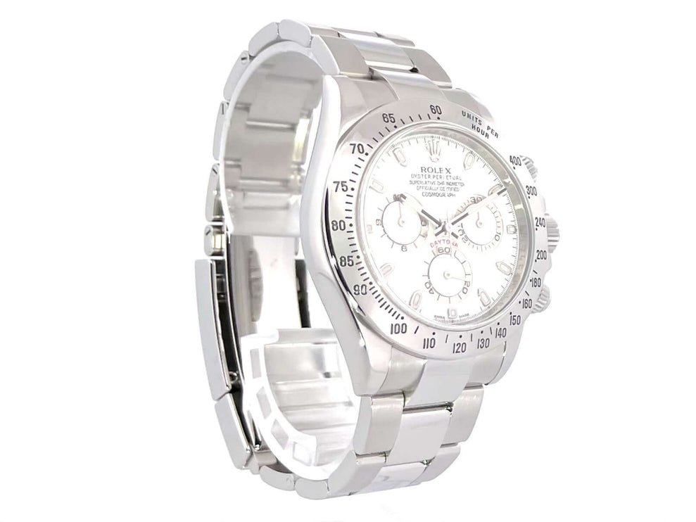 Rolex Daytona Edelstahl 116520 Weiß, poliertes und satiniertes Gehäuse und Armband, weißes Zifferblatt, Saphirglas.