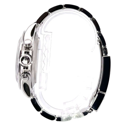 Rolex Daytona Edelstahl 116520 Weiß - Seitenansicht des polierten und satinierten Edelstahlgehäuses mit Edelstahlarmband