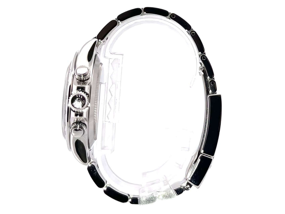 Rolex Daytona Edelstahl 116520 Weiß - Seitenansicht des polierten und satinierten Edelstahlgehäuses mit Edelstahlarmband