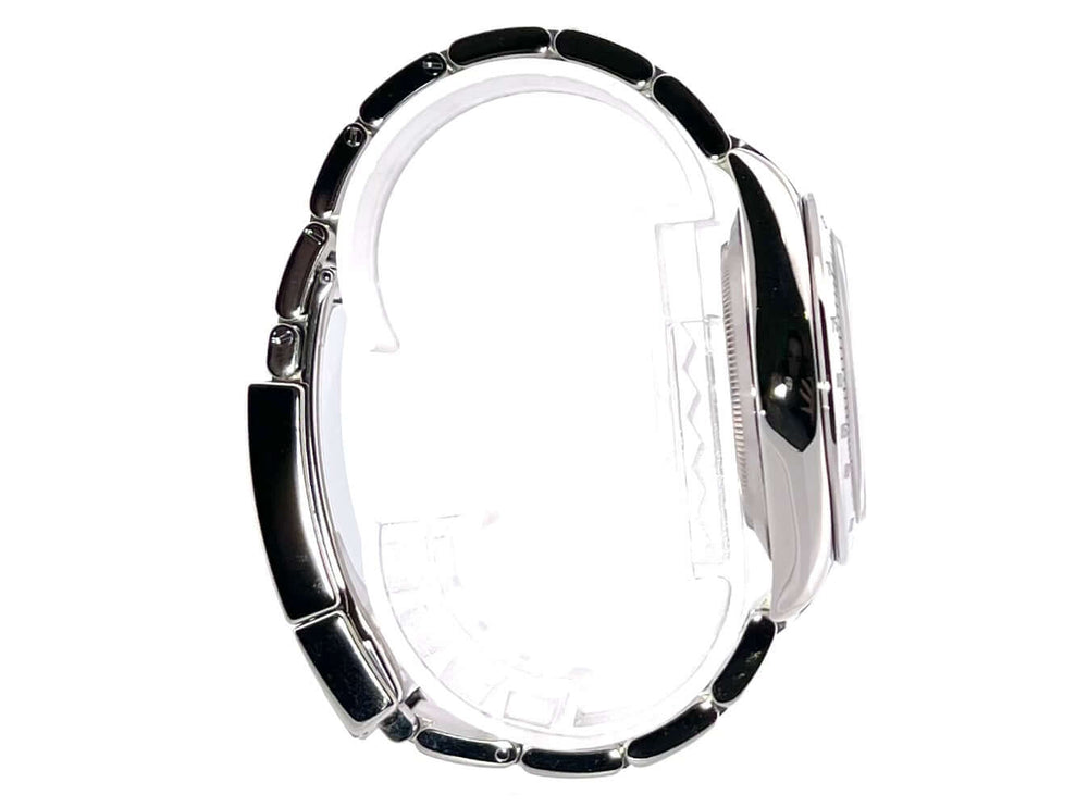 Seitenansicht der Rolex Daytona Edelstahl 116520 Weiß mit poliertem und satiniertem Edelstahlgehäuse sowie Oyster Edelstahl Armband