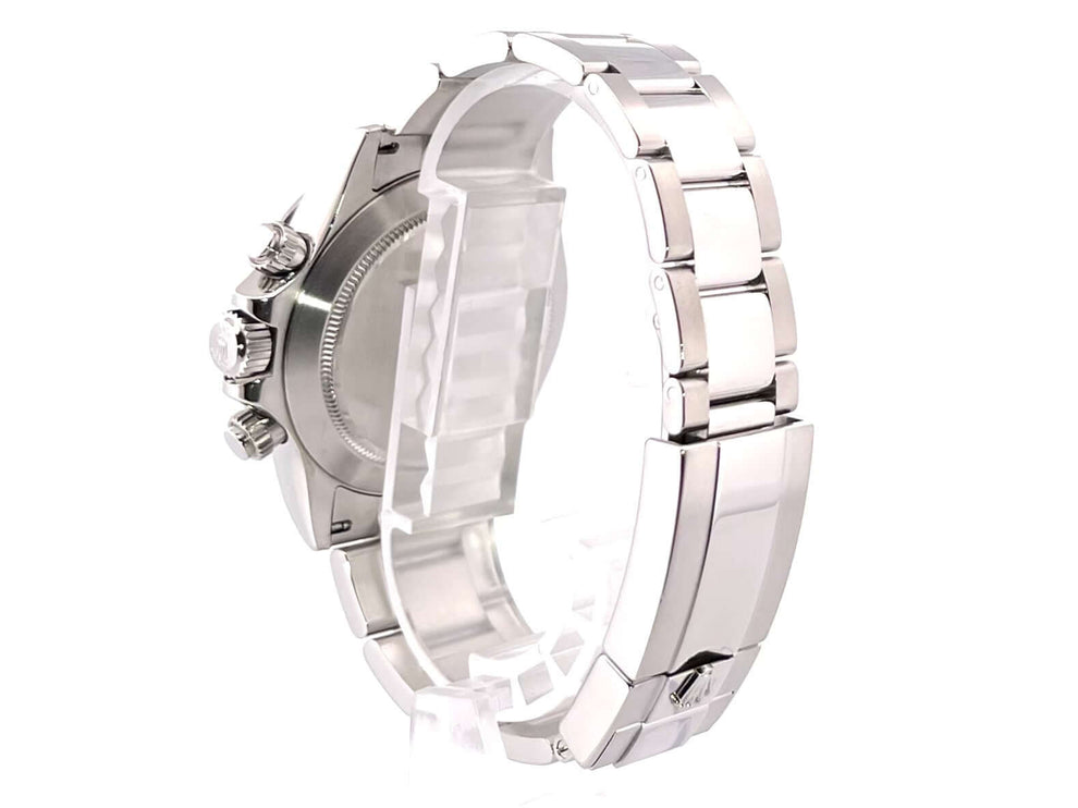 Rückansicht der Rolex Daytona Edelstahl 116520 Weiß, poliertes und satiniertes Edelstahlgehäuse, Oyster Armband mit Sicherheitsfaltschließe.