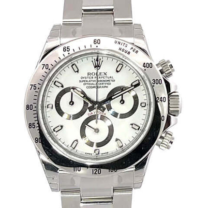 Rolex Daytona Edelstahl 116520 Weiß, 2015, poliertes Edelstahlgehäuse, weißes Zifferblatt, Chronograph, Tachymeterskala, Oyster Edelstahlarmband.