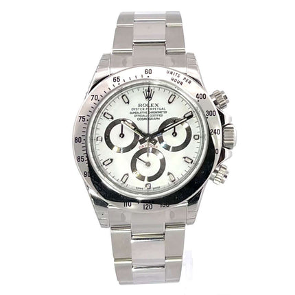 Rolex Daytona Edelstahl 116520 Weiß, poliertes und satiniertes Gehäuse und Armband, Tachymeter-Lünette, weißes Zifferblatt mit Leuchtindizes